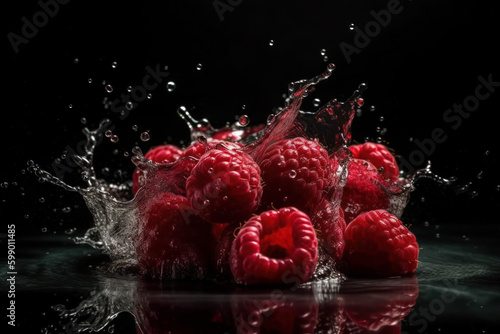 ripe, red raspberries in a splash of water. berry on a dark background. health and vitamins. ai generative.