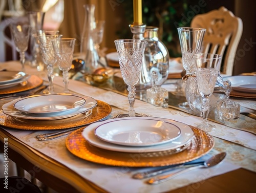 A table set with plates, cups, and silverware for a family meal