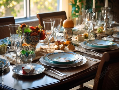 A table set with plates, cups, and silverware for a family meal