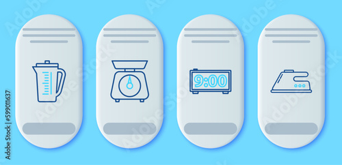 Set line Scales, Digital alarm clock, Measuring cup and Electric iron icon. Vector
