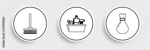 Set line Garbage bag, Mop and Plastic bottles for liquid dishwashing liquid icon. Vector