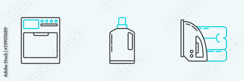 Set line Electric iron and towel, Washer and Plastic bottles for liquid dishwashing liquid icon. Vector