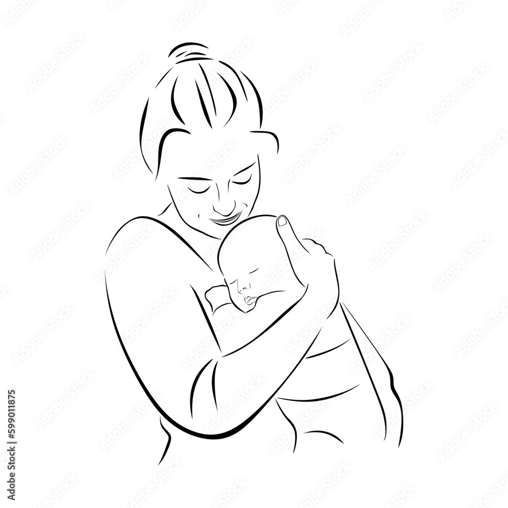 Mother hugging baby stylized vector. Woman with a newborn in her arms isolated. A young mom and baby on white background. Minimal black sketch in the lines. Happy mother's day. Vector illustration