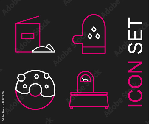 Set line Scales, Donut with sweet glaze, Oven glove and Flour pack icon. Vector