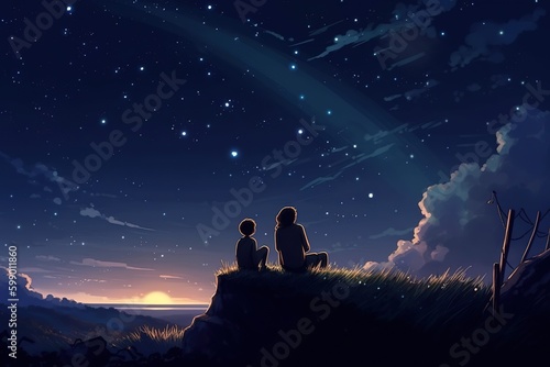Fotografia two persons are seen observing the night sky from a hilltop location