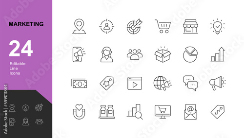 Marketing Line Editable Icons set. Vector illustration in modern thin line style of business icons:  promotion, advertising, optimization, profit increase. Pictograms and infographics for mobile apps