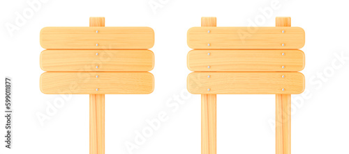 Set of 3d wooden signs or banners, isolated on white background. Render of wood sign or bulletin board for announcements, advertising, choosing right direction. 3d cartoon simple vector illustration