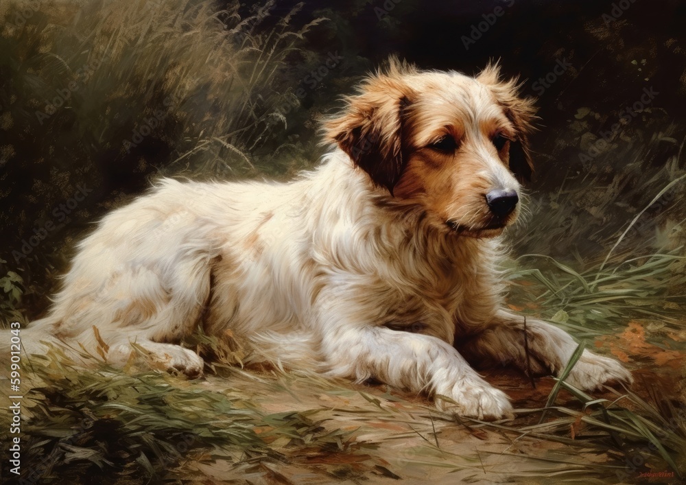 Portrait of a cute white dog sitting on the grass at sunset Generative Ai Portrait of a cute white dog sitting on the grass at sunset Generative Ai
