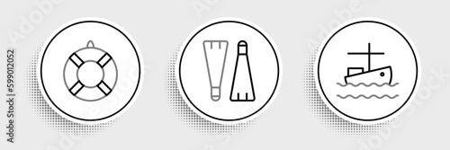 Set line Fishing boat on water, Lifebuoy and Rubber flippers for swimming icon. Vector