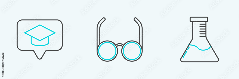 Set line Test tube and flask chemical laboratory, Graduation cap in speech bubble and Glasses icon. Vector Set line Test tube and flask chemical laboratory, Graduation cap in speech bubble and Glasses icon. Vector