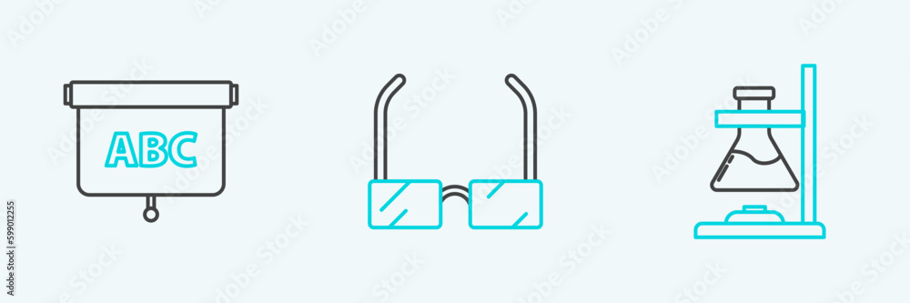 Set line Glass test tube flask on fire, Chalkboard and Glasses icon. Vector Set line Glass test tube flask on fire, Chalkboard and Glasses icon. Vector