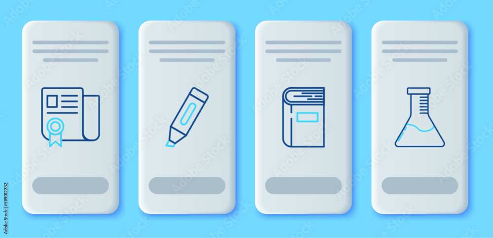 Set line Marker pen, Book, Certificate template and Test tube and flask chemical laboratory icon. Vector
