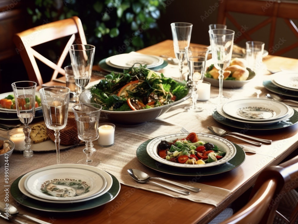 A table set with plates, cups, and silverware for a family meal A table set with plates, cups, and silverware for a family meal