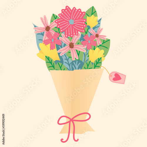 Happy Women's Day March 8 Cute bouquet of spring flowers card and  for the holiday. Vector illustration of a date, a women and a bouquet of flowers © Zhanna