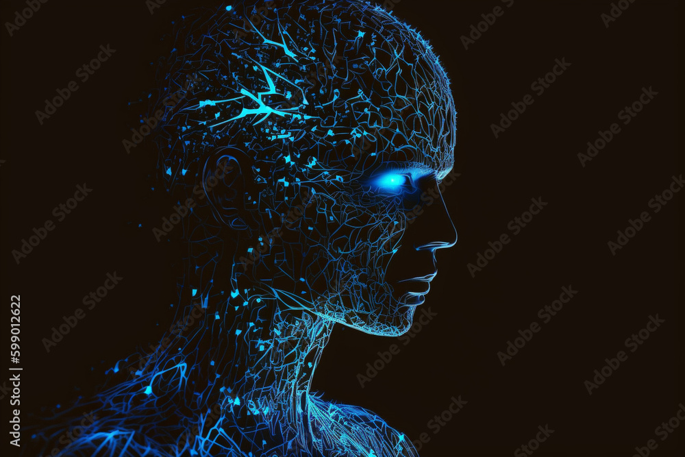 Concept of artificial intelligence. Human face in blue colors, generative ai - obrazy, fototapety, plakaty 