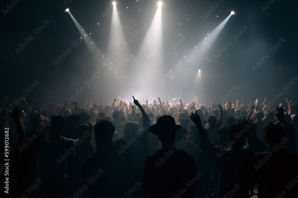 Huge dark performance hall with stage. Crowd of thousands of young people with hands raised in the air. Above them are colored light beams coming from the stage. - Design created using Generative AI