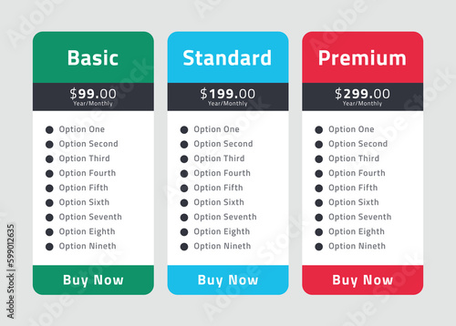 Pricing table template with three plans - Start, Pro and Ultimate with one most popular plan. Website interface template for pricing block. Vector element