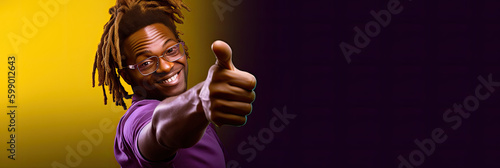 Portrait of a man with blond dreadlocks pointing her thumb up, banner on black background, generative ai illustration