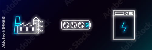 Set line Power bank, station plant and factory and Electric extension cord icon. Glowing neon. Vector