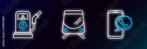 Set line Taxi call telephone service, Petrol or Gas station and Tram and railway icon. Glowing neon. Vector