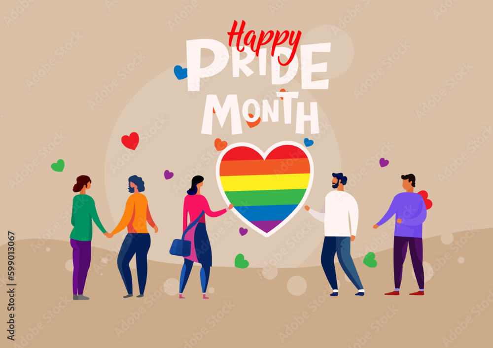 happy pride month, lgbt , people with heart and lgbt flag, banner happy pride month, lgbt , people with heart and lgbt flag, banner