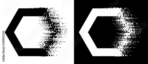Hexagones with glitch halftone texture. Black shape on a white background and the same white shape on the black side.