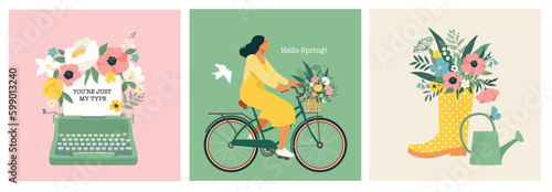 A typewriter with the text of congratulations, a girl riding a bicycle, a bouquet in a rubber boot and a garden watering can.