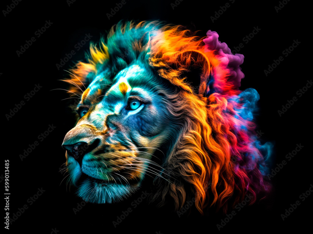 Lion head with colorful smoke on black background. 
 Generative AI.