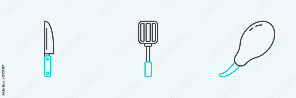 Set line Chicken leg, Knife and Spatula icon. Vector Set line Chicken leg, Knife and Spatula icon. Vector