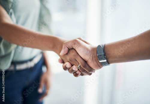 Joining forces will be a game changer. two unrecognizable businesspeople standing in the office together and shaking hands in agreement.