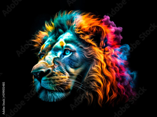 Lion head with colorful smoke on black background.   Generative AI.
