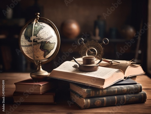 A globe and compass on a desk with a stack of books