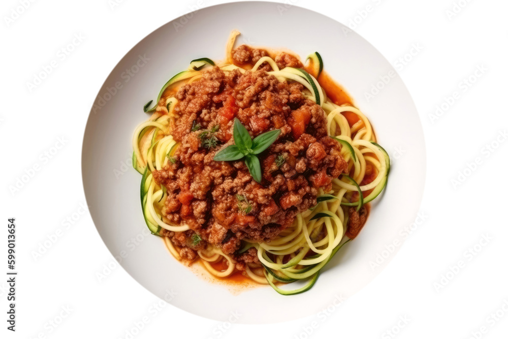 Zucchini Noodles With Meat Sauce On White Plate, On Isolated Transparent Background, Png. Gluten-Free Dish.. Generative AI Zucchini Noodles With Meat Sauce On White Plate, On Isolated Transparent Background, Png. Gluten-Free Dish.. Generative AI
