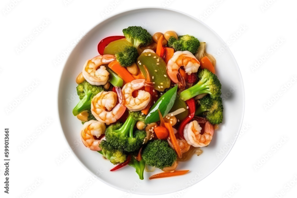Shrimp And Vegetable Stirfry On White Plate, On Isolated Transparent Background, Png. Gluten-Free Dish.. Generative AI Shrimp And Vegetable Stirfry On White Plate, On Isolated Transparent Background, Png. Gluten-Free Dish.. Generative AI