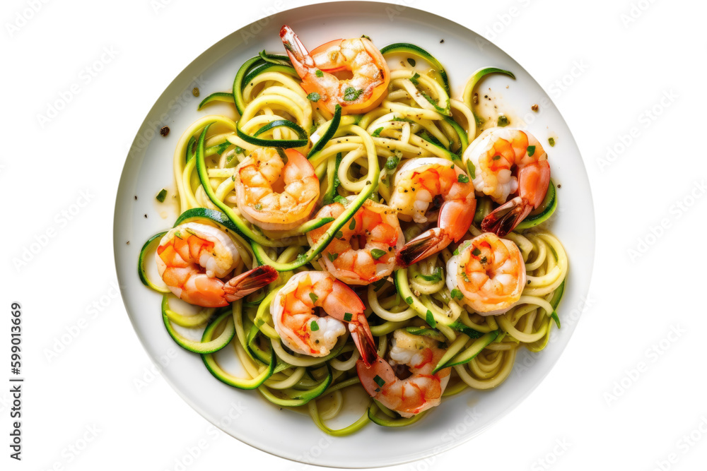 Shrimp Scampi With Zucchini Noodles On White Plate, On Isolated Transparent Background, Png. Gluten-Free Dish.. Generative AI Shrimp Scampi With Zucchini Noodles On White Plate, On Isolated Transparent Background, Png. Gluten-Free Dish.. Generative AI