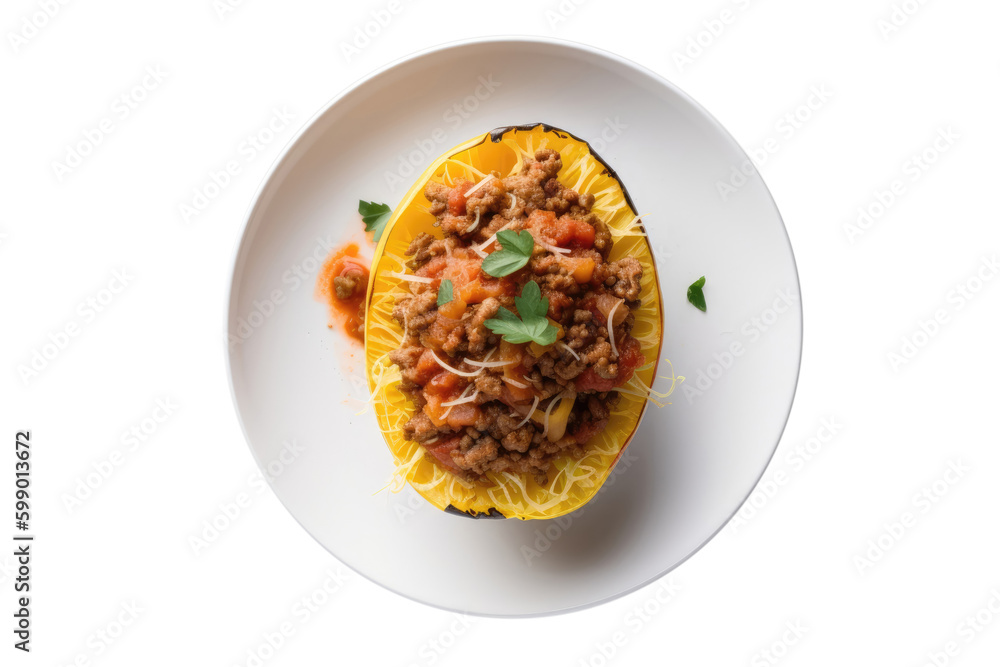 Spaghetti Squash With Meat Sauce On White Plate, On Isolated Transparent Background, Png. Gluten-Free Dish.. Generative AI Spaghetti Squash With Meat Sauce On White Plate, On Isolated Transparent Background, Png. Gluten-Free Dish.. Generative AI