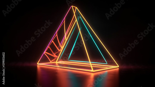 Luminescent Abstract Neon Triangles in Triangular Shapes with Rainbow Colors on Black Background - Generative AI