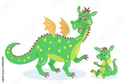 Large adult fairy dragon and cute little dragon baby. In cartoon style. Isolated on white background. Vector flat illustration.