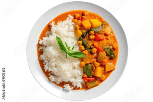 Vegetable Curry With Rice On White Plate, On Isolated Transparent Background, Png. Gluten-Free Dish.. Generative AI