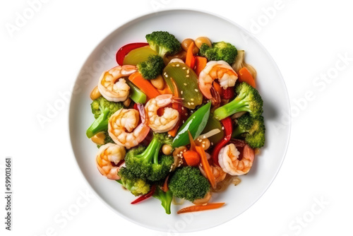 Shrimp And Vegetable Stirfry On White Plate, On Isolated Transparent Background, Png. Gluten-Free Dish.. Generative AI