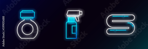 Set line Towel, Aftershave and Hairdresser pistol spray bottle icon. Glowing neon. Vector