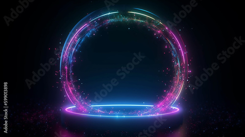 A moldura circular é uma luz neon cercada por estrelas cintilantes
