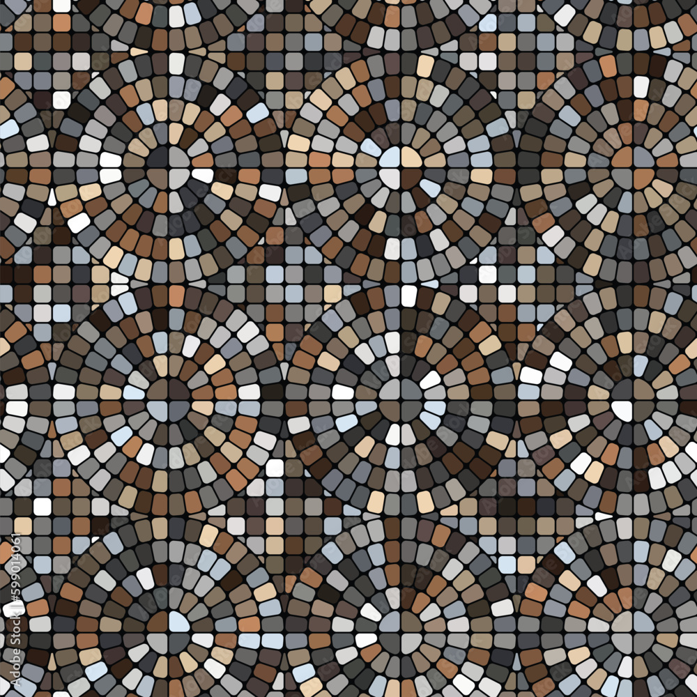 Seamless geometric pattern with concentric circles in mosaic style. Small square tiles in brown, grey, and white on a black background. Traditional porphyry design. Great as a background or texture.