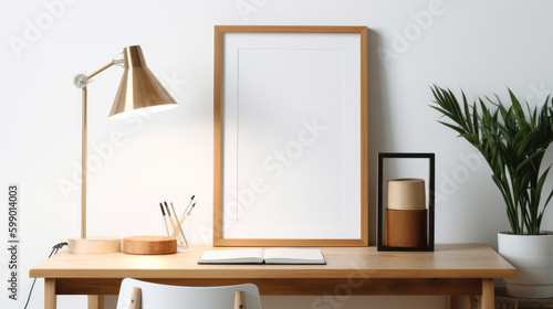 blank picture frame is placed on the table, with a minimalistic style © ktianngoen0128