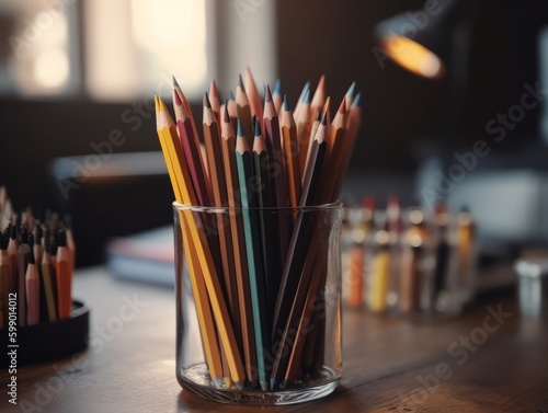 A pencil holder with pencils and colorful markers on a desk