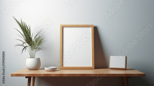 blank picture frame is placed on the table, with a minimalistic style © ktianngoen0128