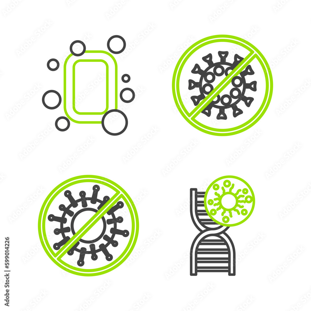 Set line DNA symbol and virus, Stop, and Bar of soap icon. Vector Set line DNA symbol and virus, Stop, and Bar of soap icon. Vector