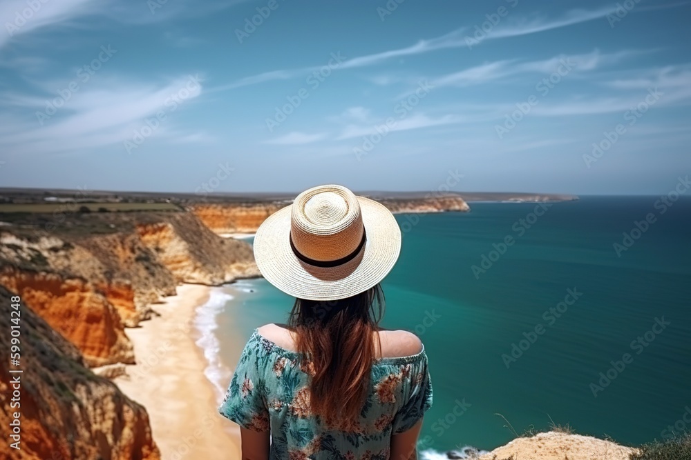 Back view of woman with summer hat admiring the amazing panoramic landscape above the cliff by the beach. Summer vacations traveling concept. Generative AI