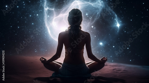 Mulher pratica ioga e meditação com energia espacial