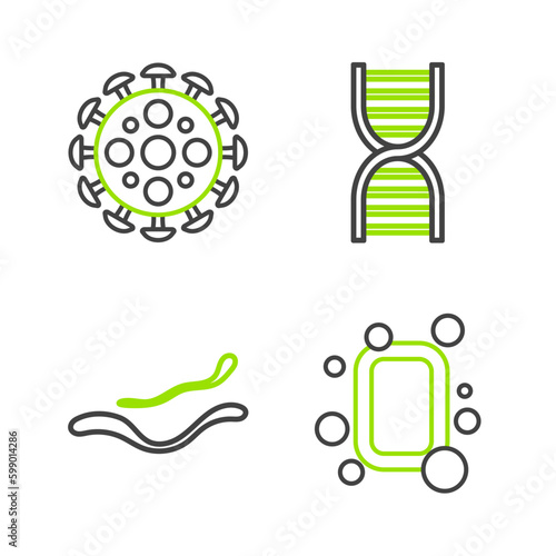 Set line Bar of soap, Ebola virus disease, DNA symbol and Virus icon. Vector